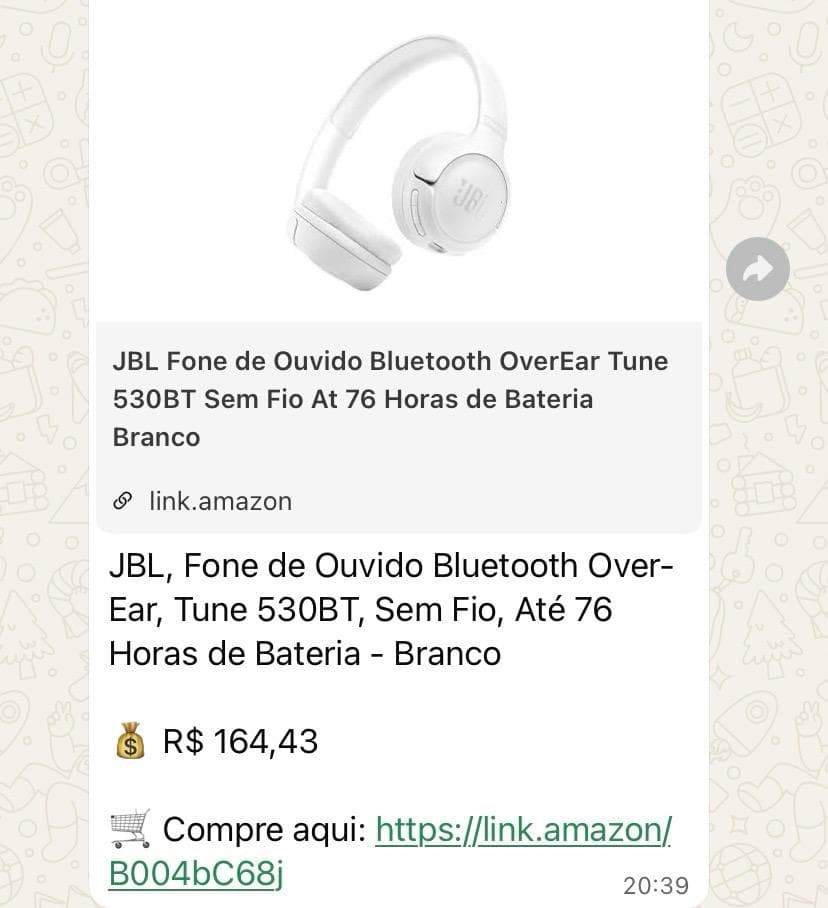 Print da divulgação no grupo: Fone JBL Tune 530BT Bluetooth — 76h de bateria