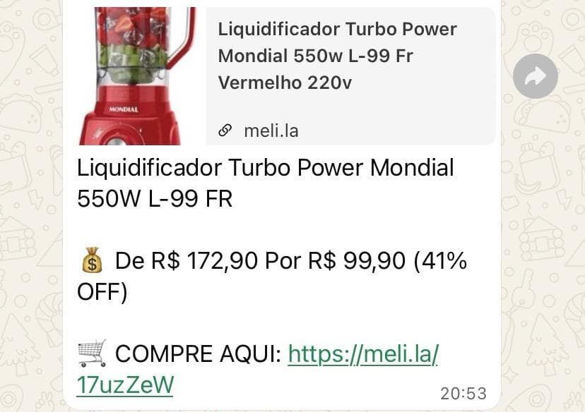 Print da divulgação no grupo: Liquidificador Mondial Turbo Power 550W
