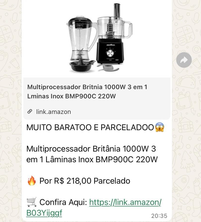 Print da divulgação no grupo: Multiprocessador Britânia 1000W 3 em 1